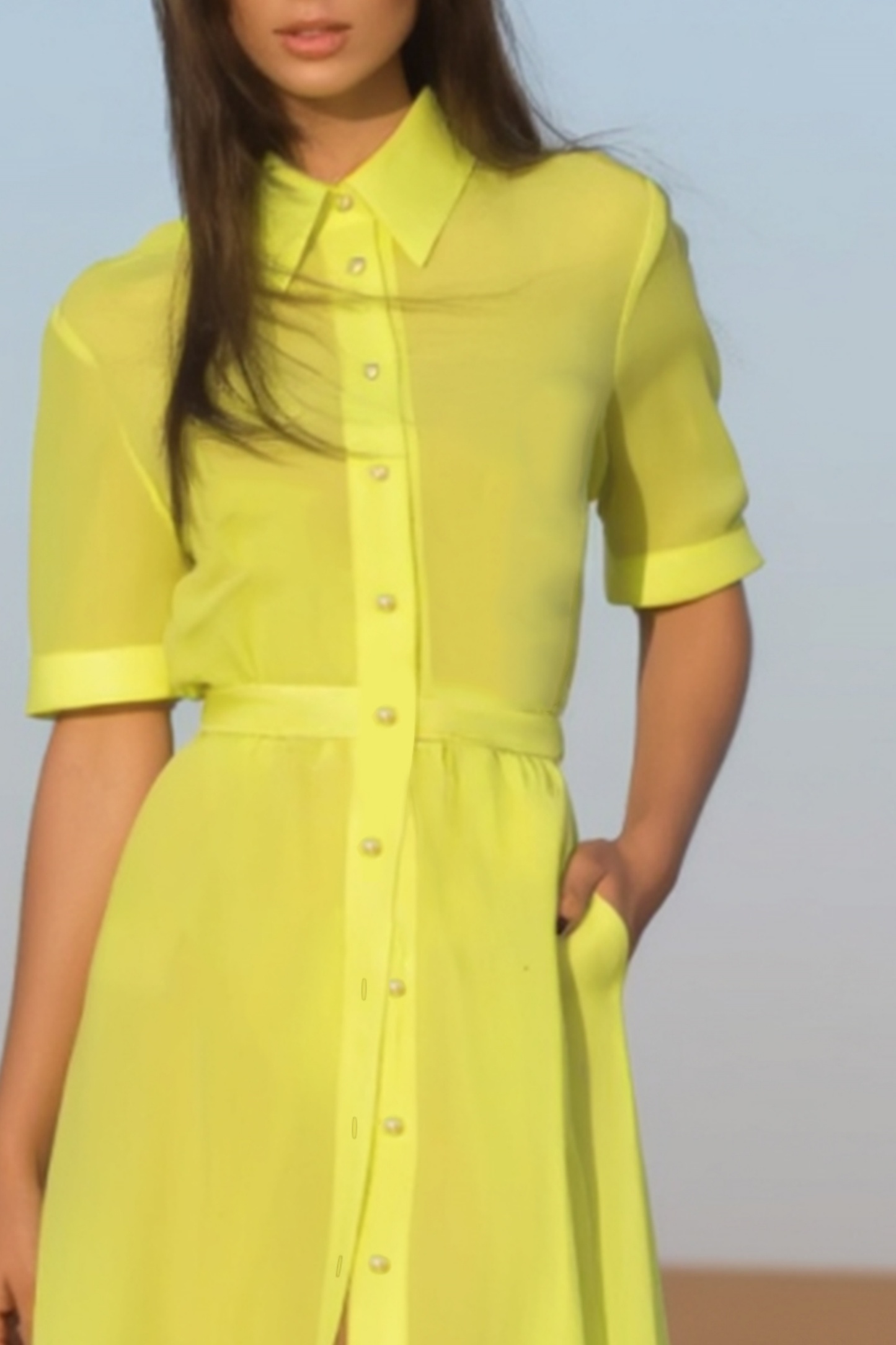 Semi-Formal Shirt Dress Yellow Lapel with Pockets Floor-Length Dress