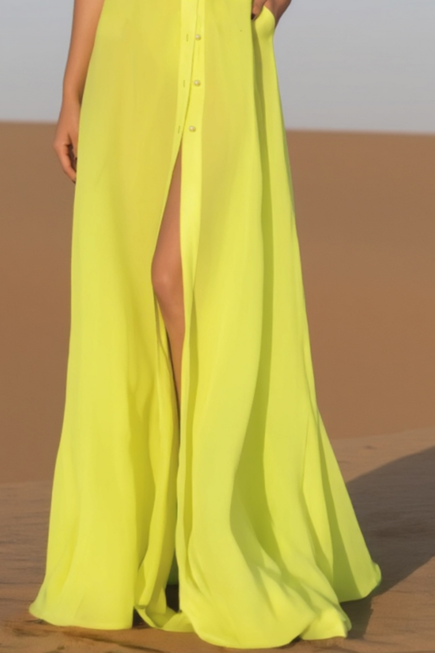 Semi-Formal Shirt Dress Yellow Lapel with Pockets Floor-Length Dress