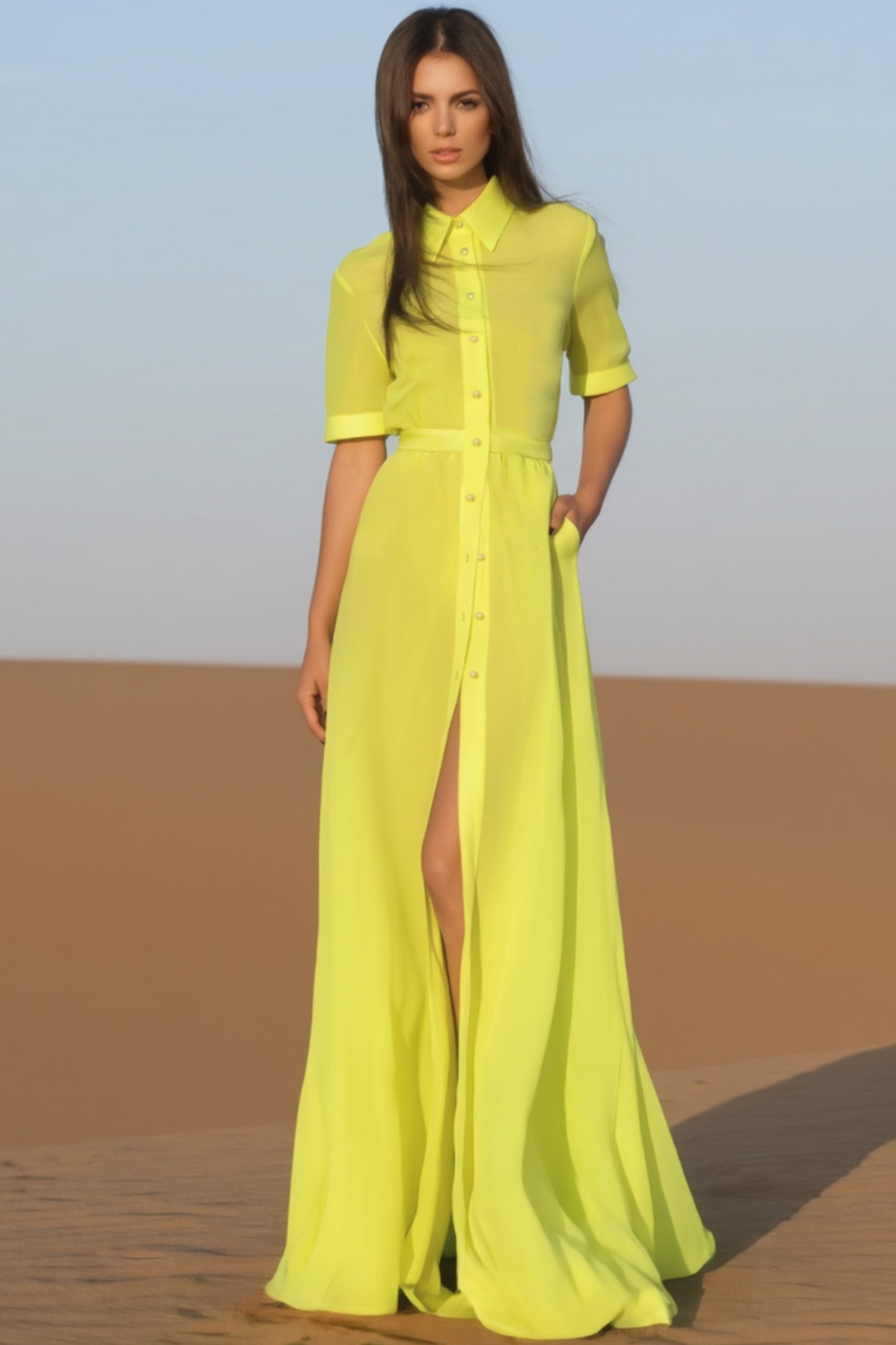 Semi-Formal Shirt Dress Yellow Lapel with Pockets Floor-Length Dress