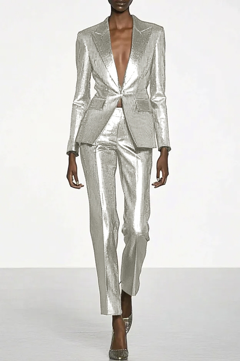 Party Work Champagne Sequin 2 Piece Blazer Suit and Pants