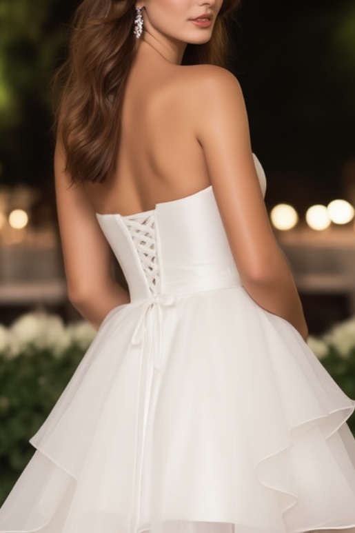 Homecoming Party Satin Dress​​ White Strapless Plus High Low Mini Dress