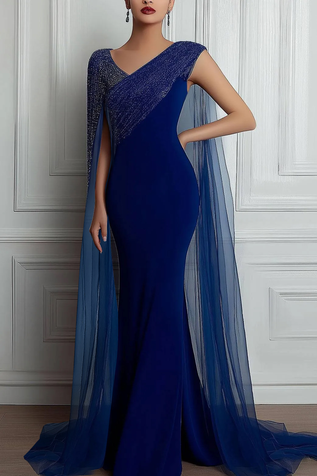 Evening Formal Dress Asymmetrical Neck One-shoulder Sequin Cape Floor-