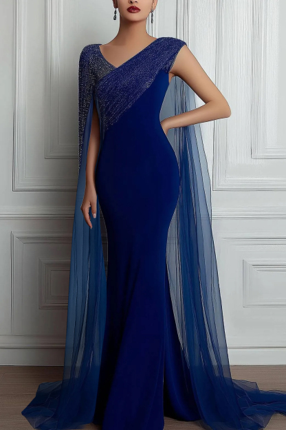 Evening Formal Dress Asymmetrical Neck One-shoulder Sequin Cape Floor-length Dress
