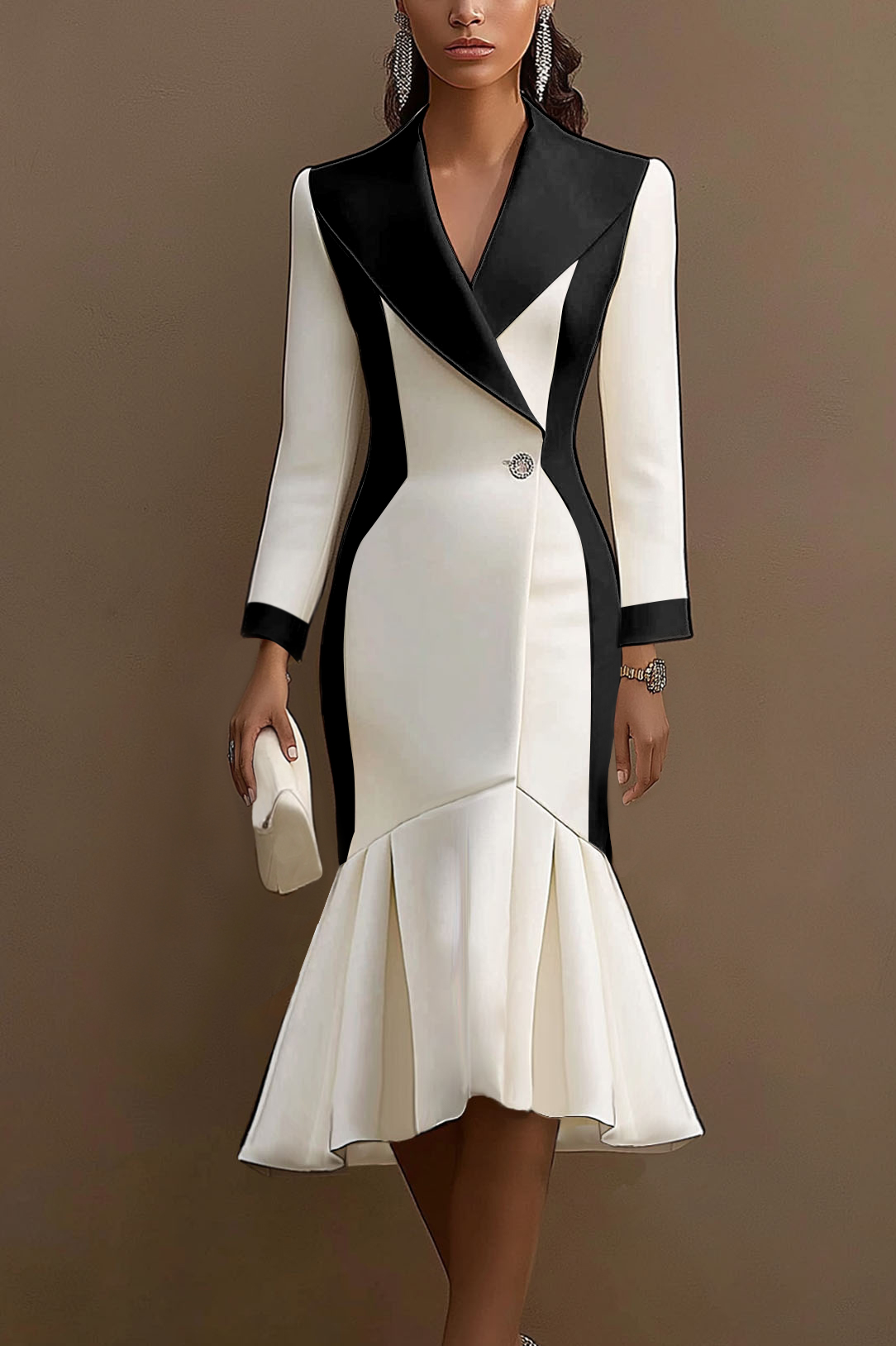 Business Work Suit Dress Black and White Color Block Long Sleeve Mermaid Collar Midi Dress
