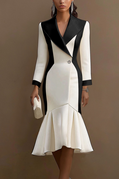 Business Work Suit Dress Black and White Color Block Long Sleeve Mermaid Collar Midi Dress