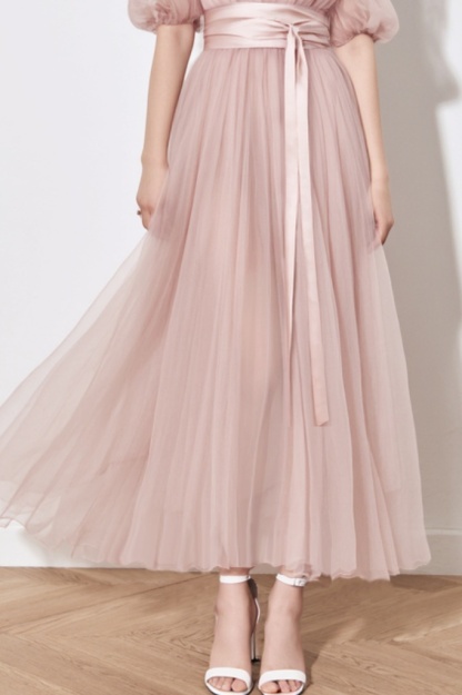 Party Dress Pink Tulle Puff Sleeve V Neck Midi Dress
