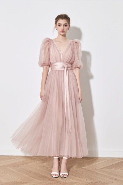 Party Dress Pink Tulle Puff Sleeve V Neck Midi Dress