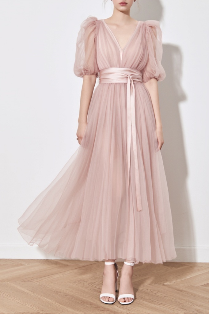 Party Dress Pink Tulle Puff Sleeve V Neck Midi Dress