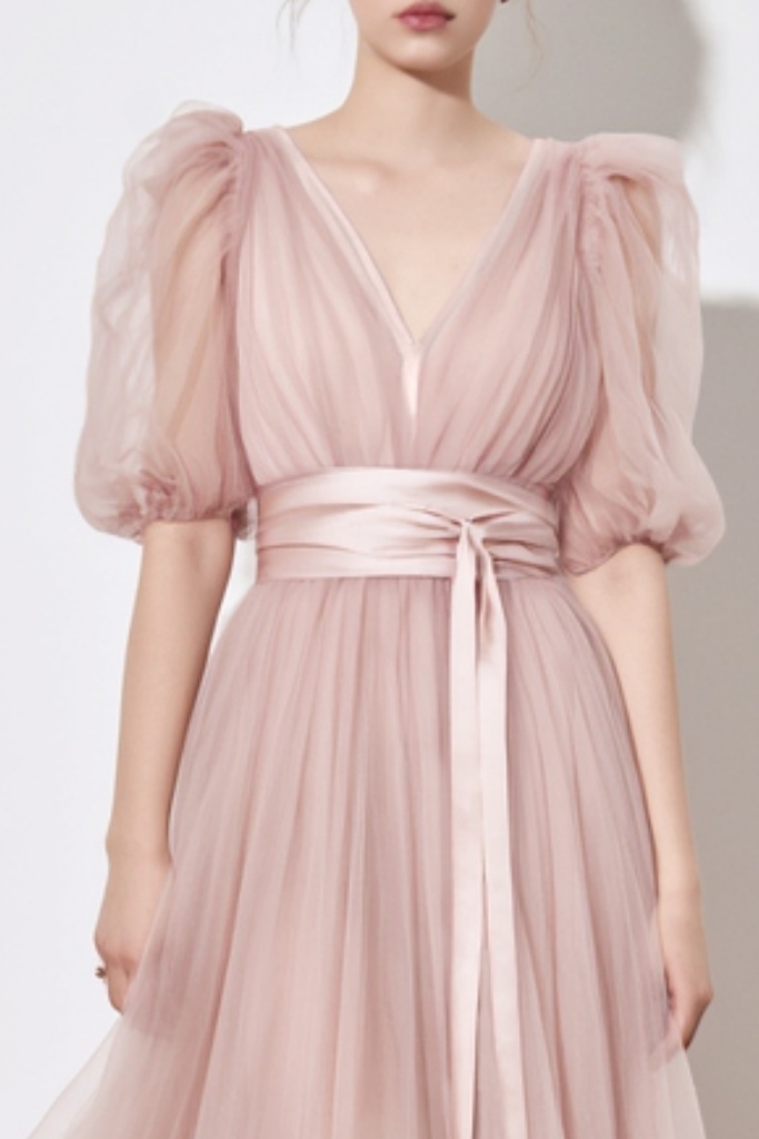 Party Dress Pink Tulle Puff Sleeve V Neck Midi Dress
