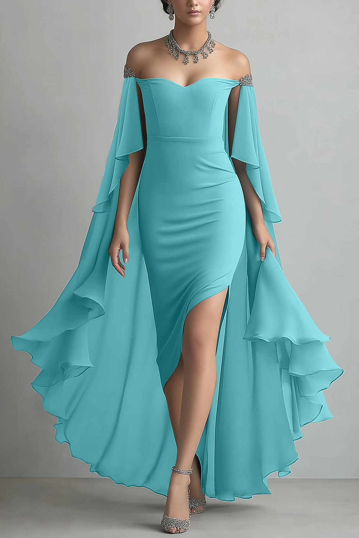 Formal Cocktail Dress Blue Strapless with Train Maxi Dress
