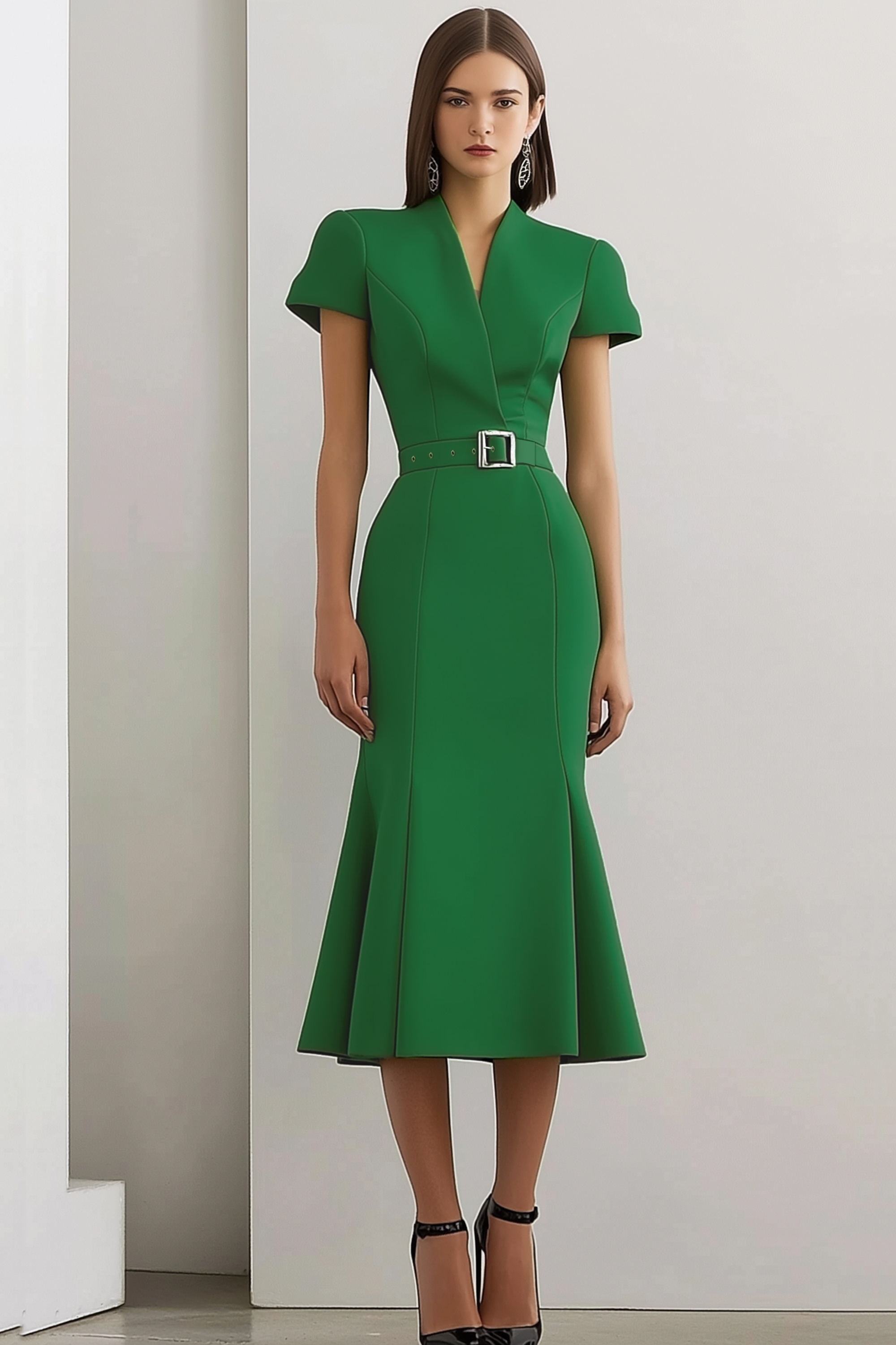 Party Semi-Formal Dress Green Cross Neck Mermaid Midi Dress