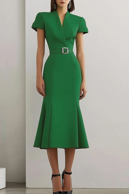 Party Semi-Formal Dress Green Cross Neck Mermaid Midi Dress