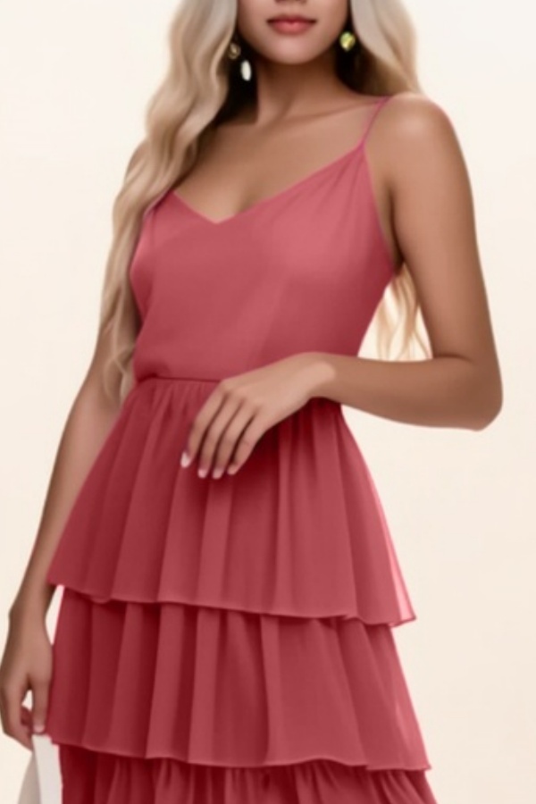 Vacation Party Tiered Dress Rose Red V Neck Chiffon Maxi Dress