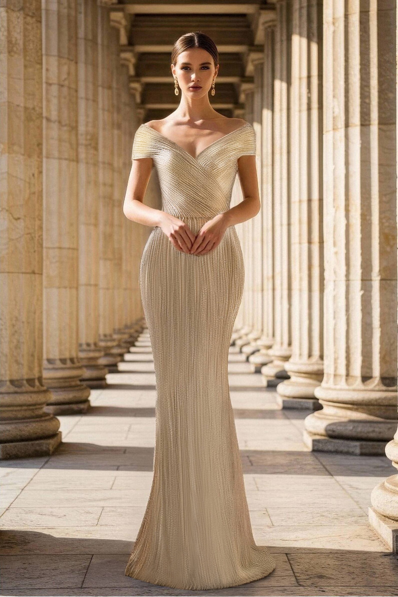 Prom Party Gold Gown V-Neck Off-Shoulder Maxi Dress