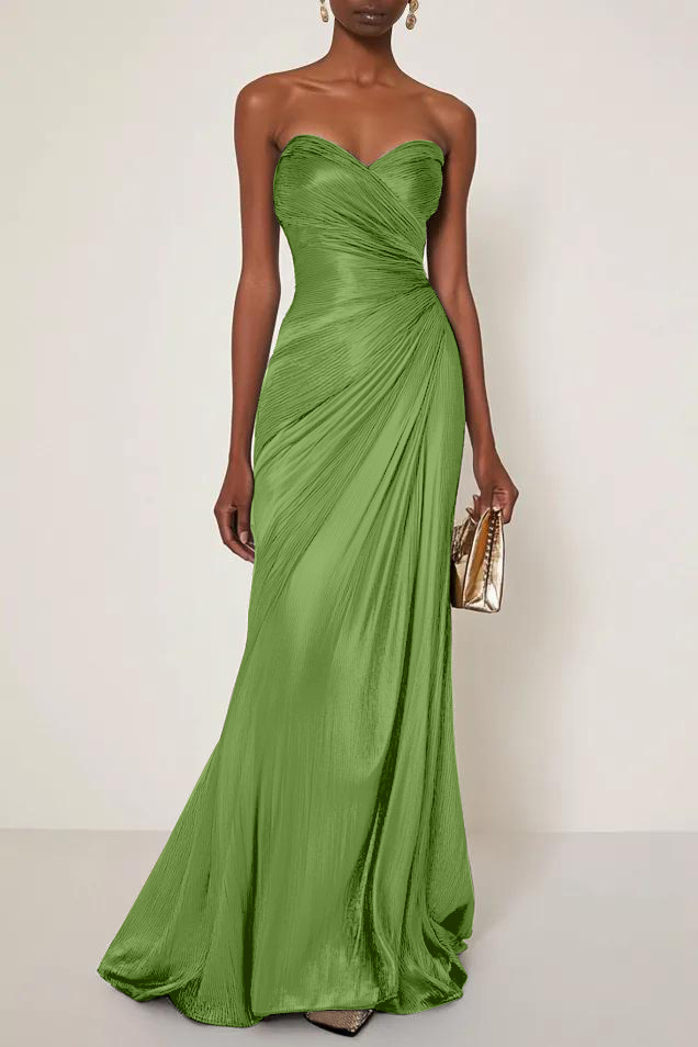 Evening Formal Dress V Neck Silver Silk Ruffles Strapless Maxi Dress