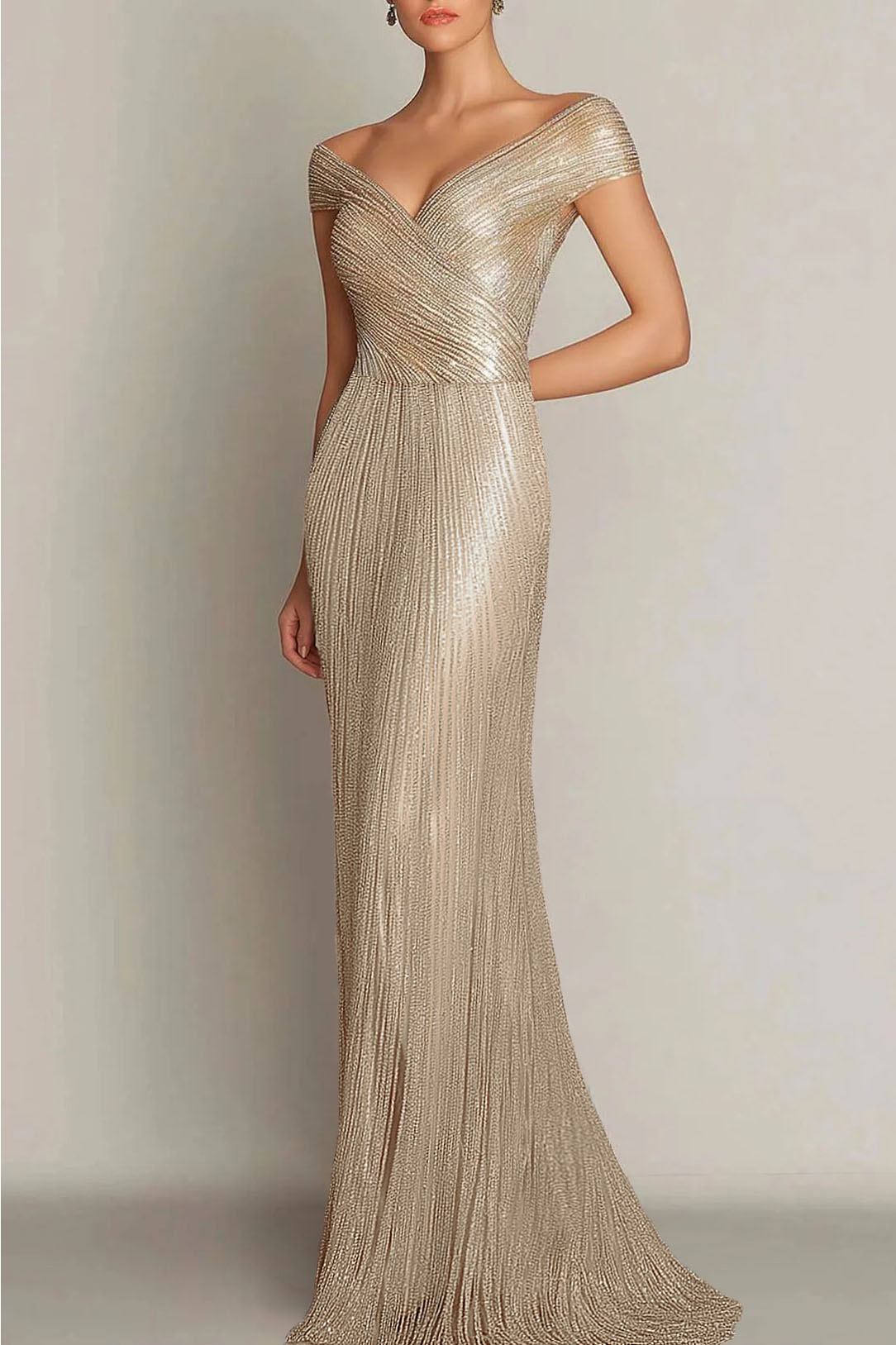 Prom Party Gold Gown V-Neck Off-Shoulder Maxi Dress