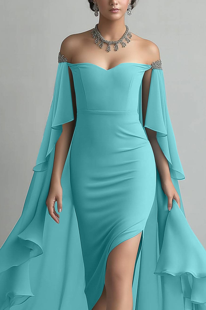 Formal Cocktail Dress Blue Strapless with Train Maxi Dress
