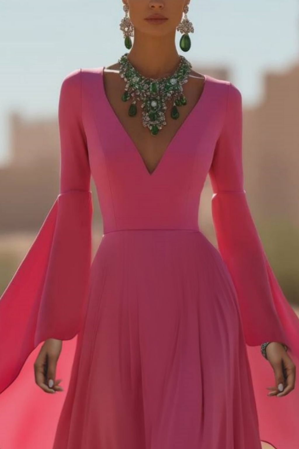 Formal Evening Dress Pink Flare Cuff Sleeve V Neck Floor-Length Gown