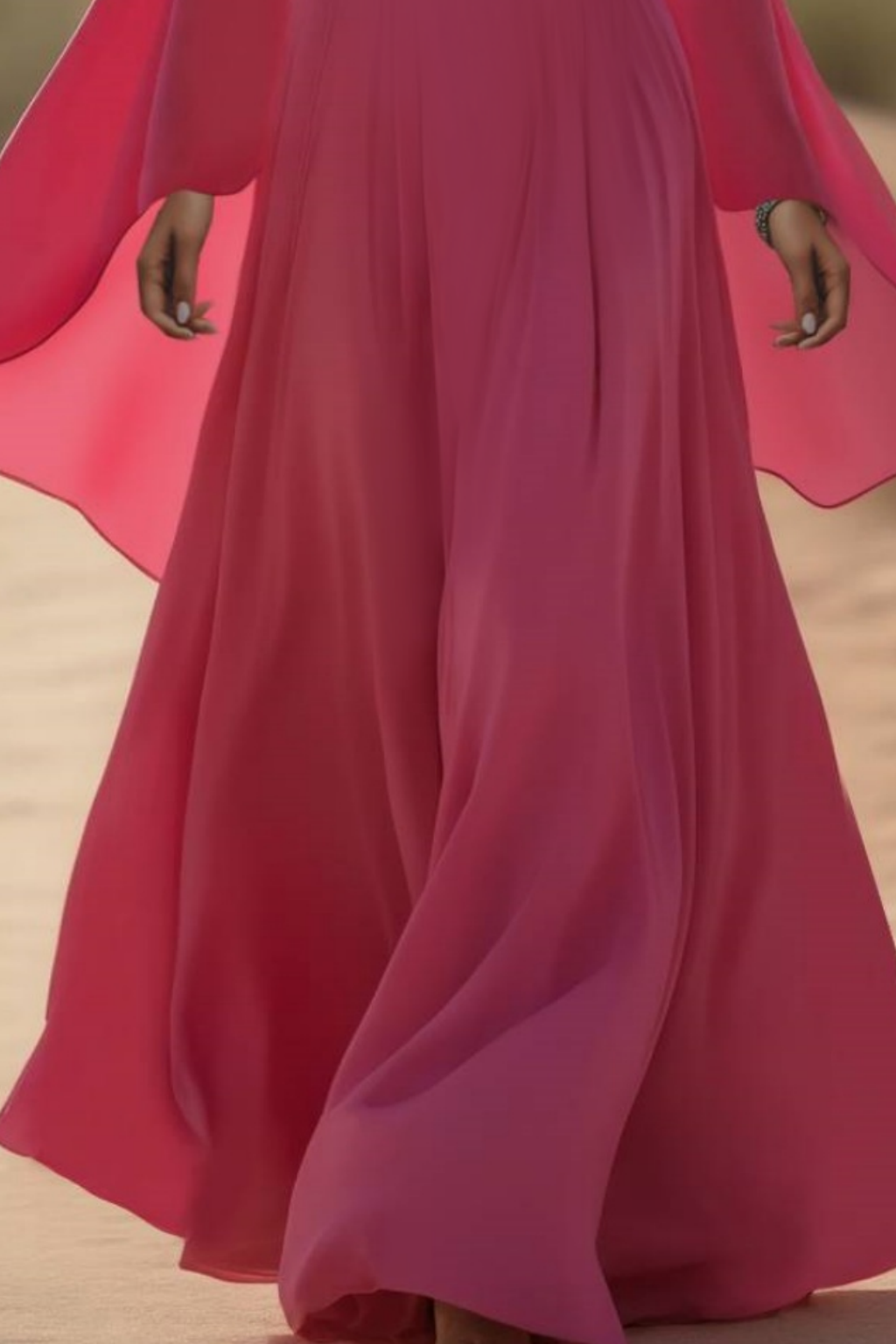 Formal Evening Dress Pink Flare Cuff Sleeve V Neck Floor-Length Gown