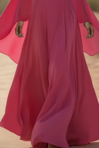 Formal Evening Dress Pink Flare Cuff Sleeve V Neck Floor-Length Gown