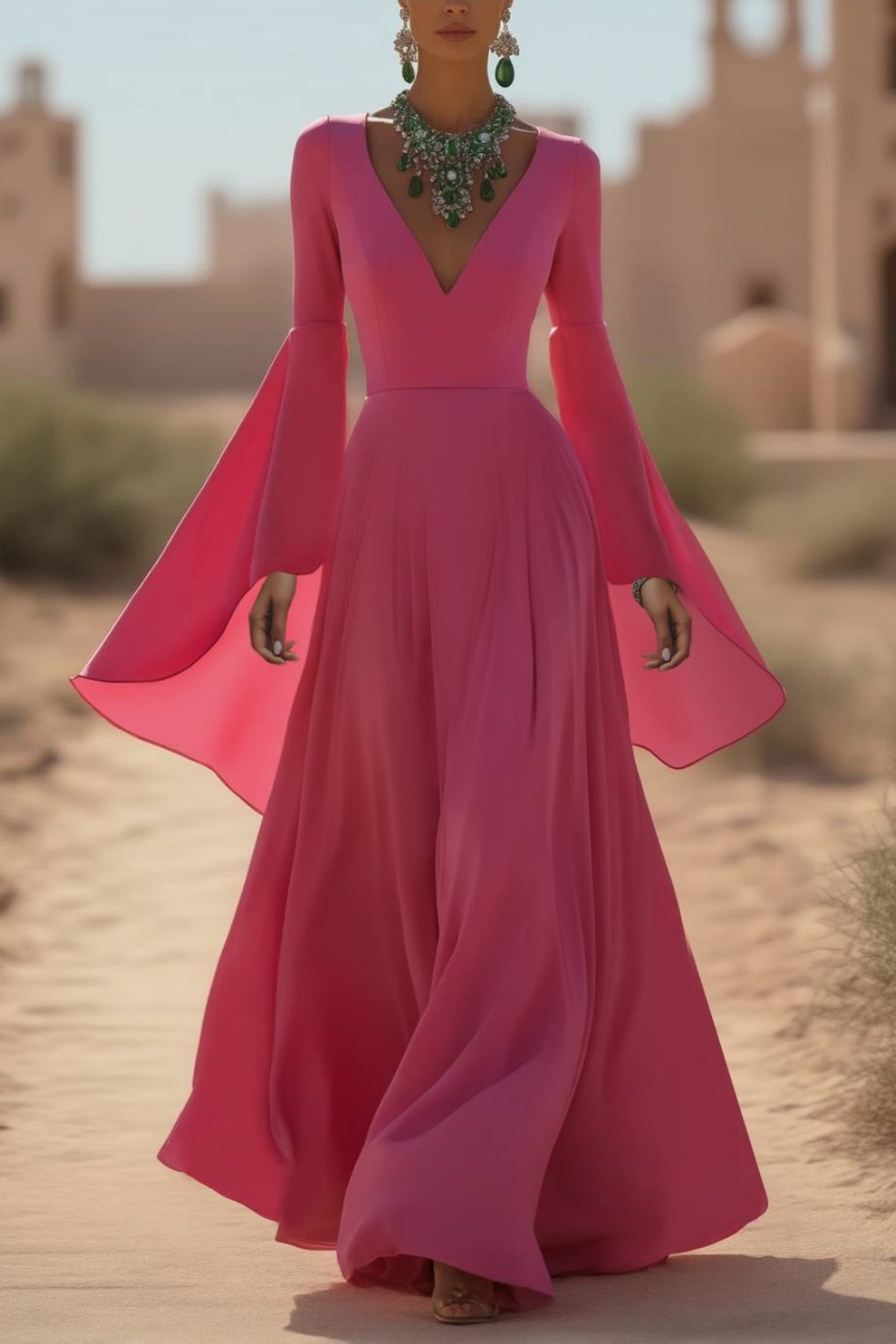 Formal Evening Dress Pink Flare Cuff Sleeve V Neck Floor-Length Gown
