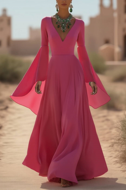 Formal Evening Dress Pink Flare Cuff Sleeve V Neck Floor-Length Gown
