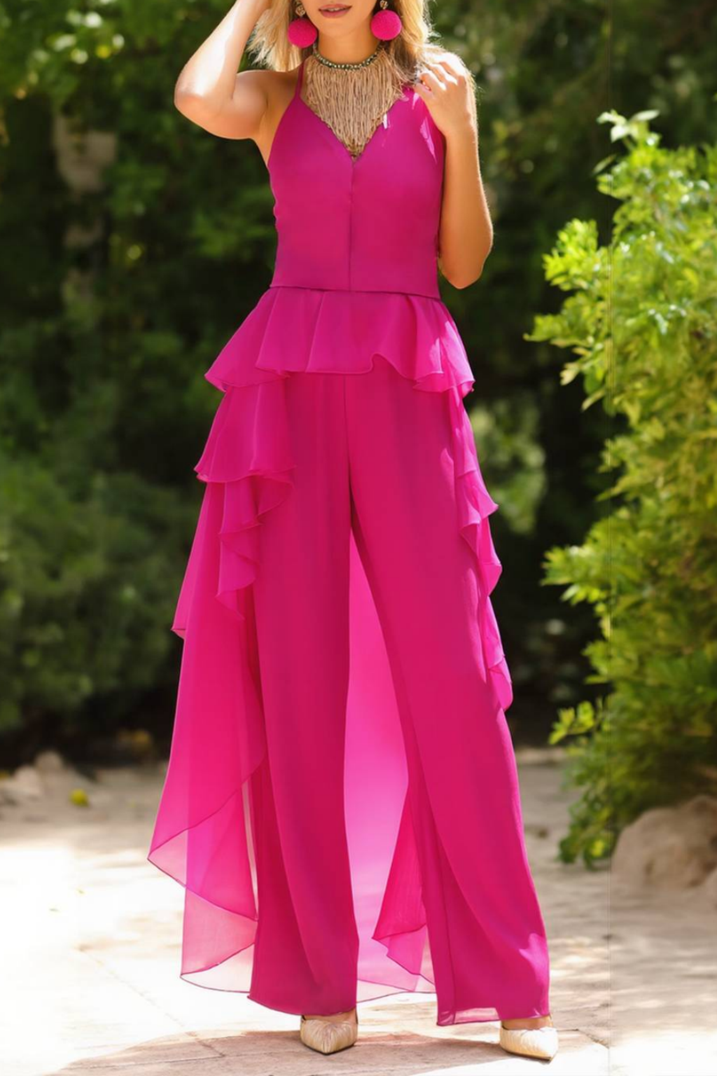 Modern Chic Set Rose V Neck Ruffle Chiffon Pants Set 