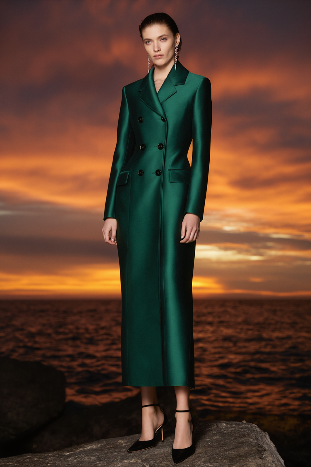 Business Formal Satin Dress Green Lapel Maxi Dress