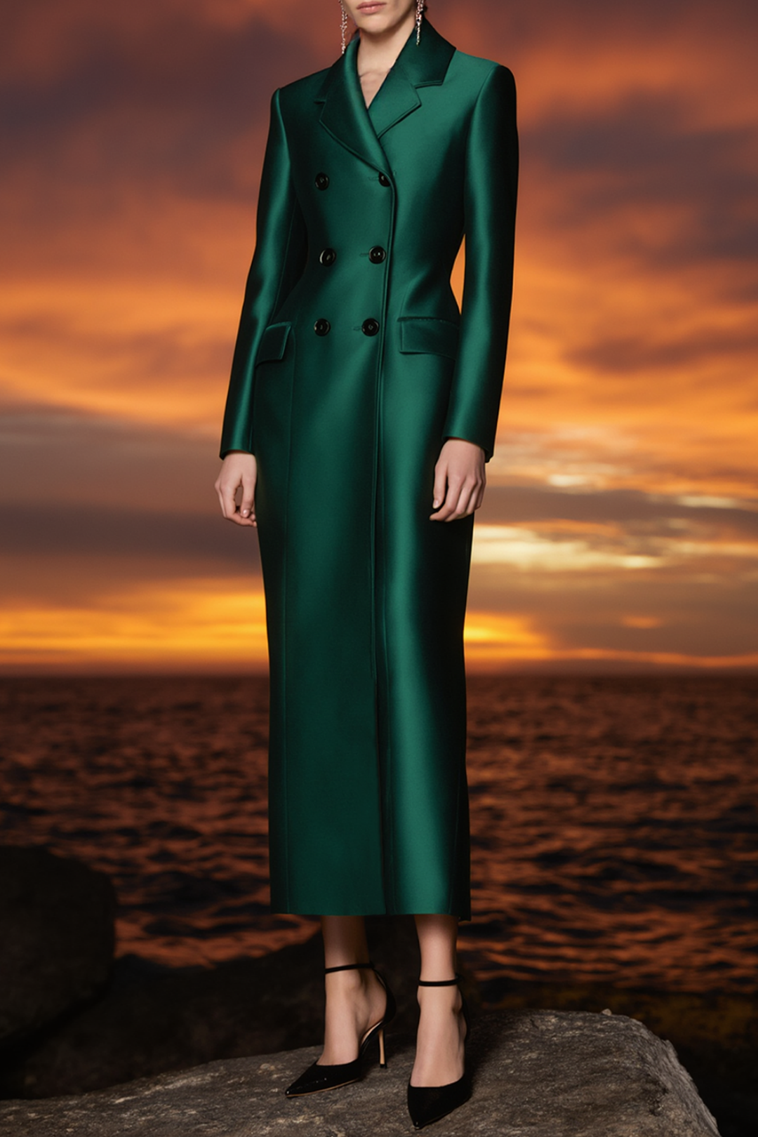 Business Formal Satin Dress Green Lapel Maxi Dress