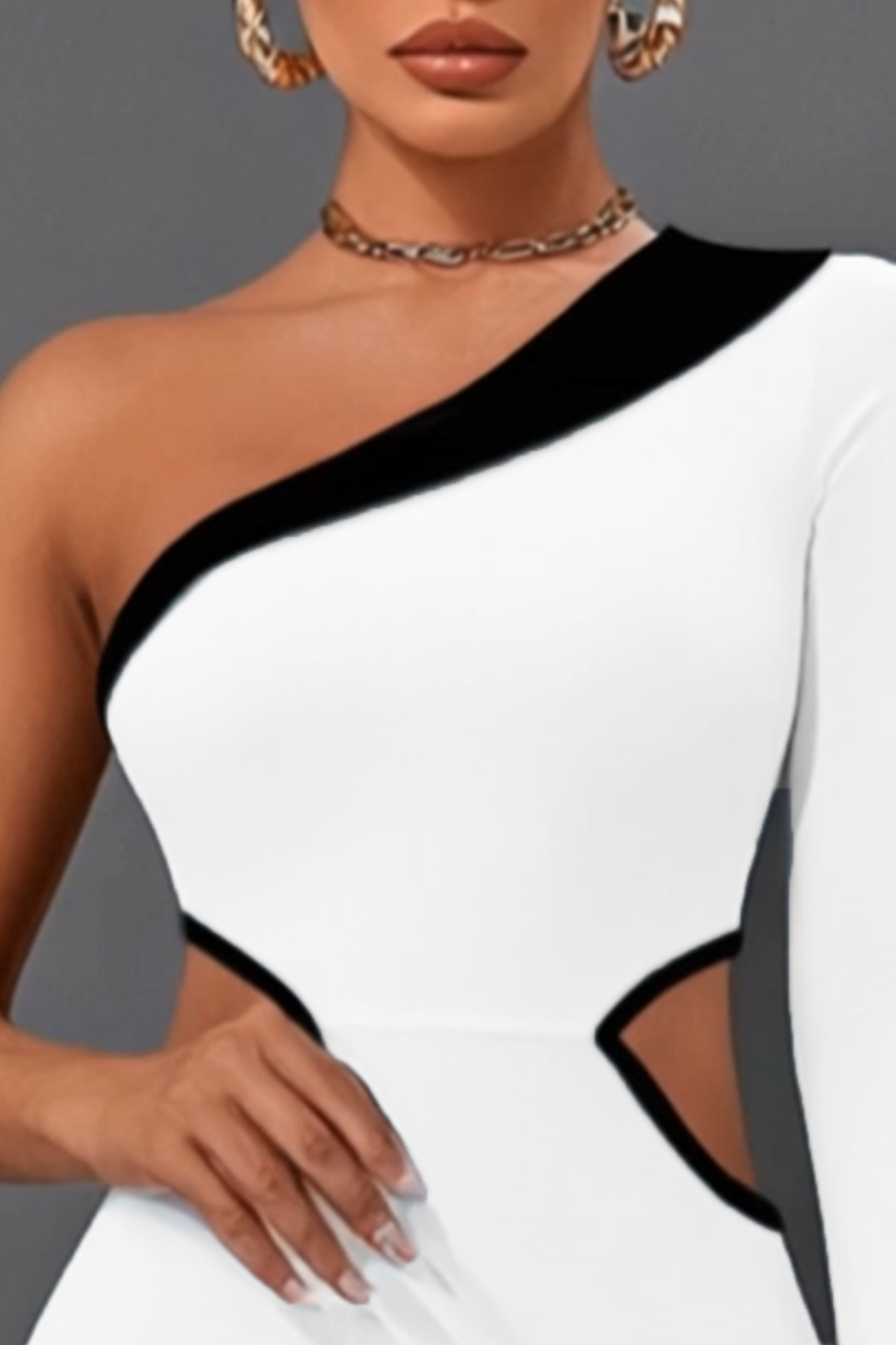 Work Dress​ Black White One Shoulder Hollow To Waist Mini Dress