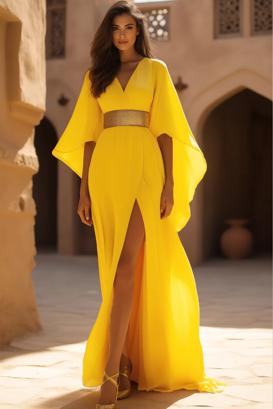 Formal Evening Dress Belted Yellow High Slit Floor-Length Gown