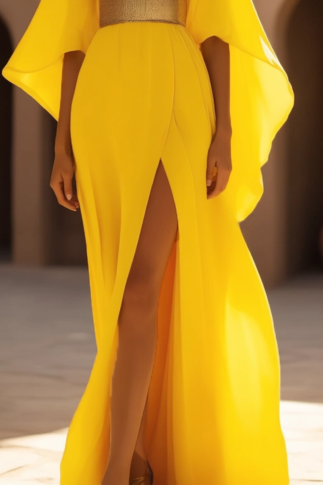 Formal Evening Dress Belted Yellow High Slit Floor-Length Gown