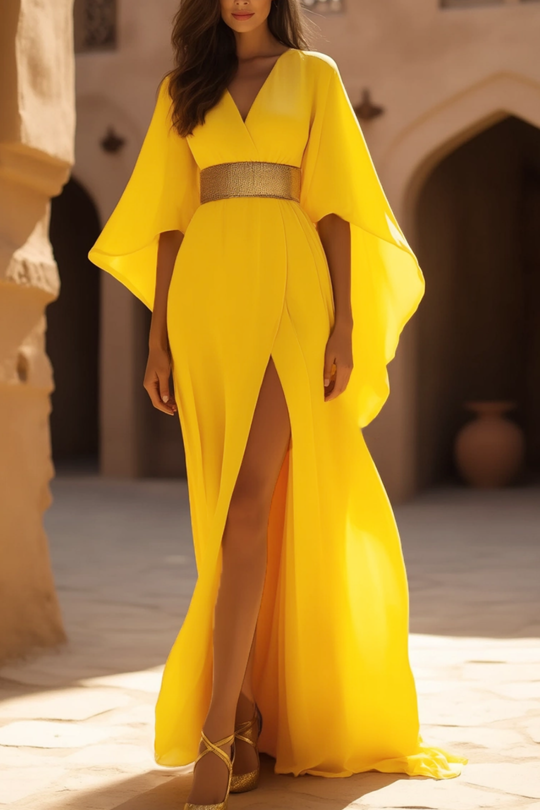 Formal Evening Dress Belted Yellow High Slit Floor-Length Gown