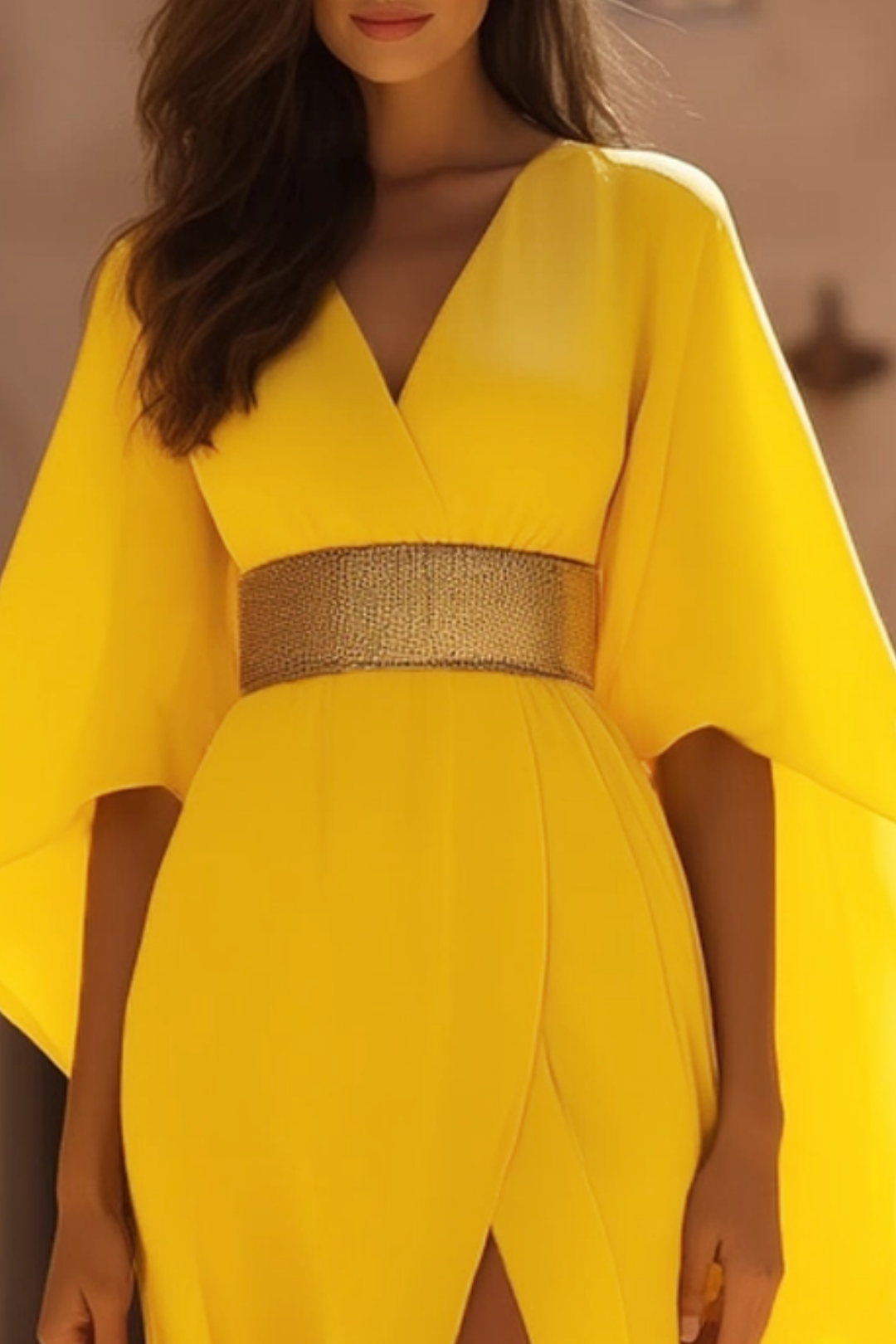 Formal Evening Dress Belted Yellow High Slit Floor-Length Gown