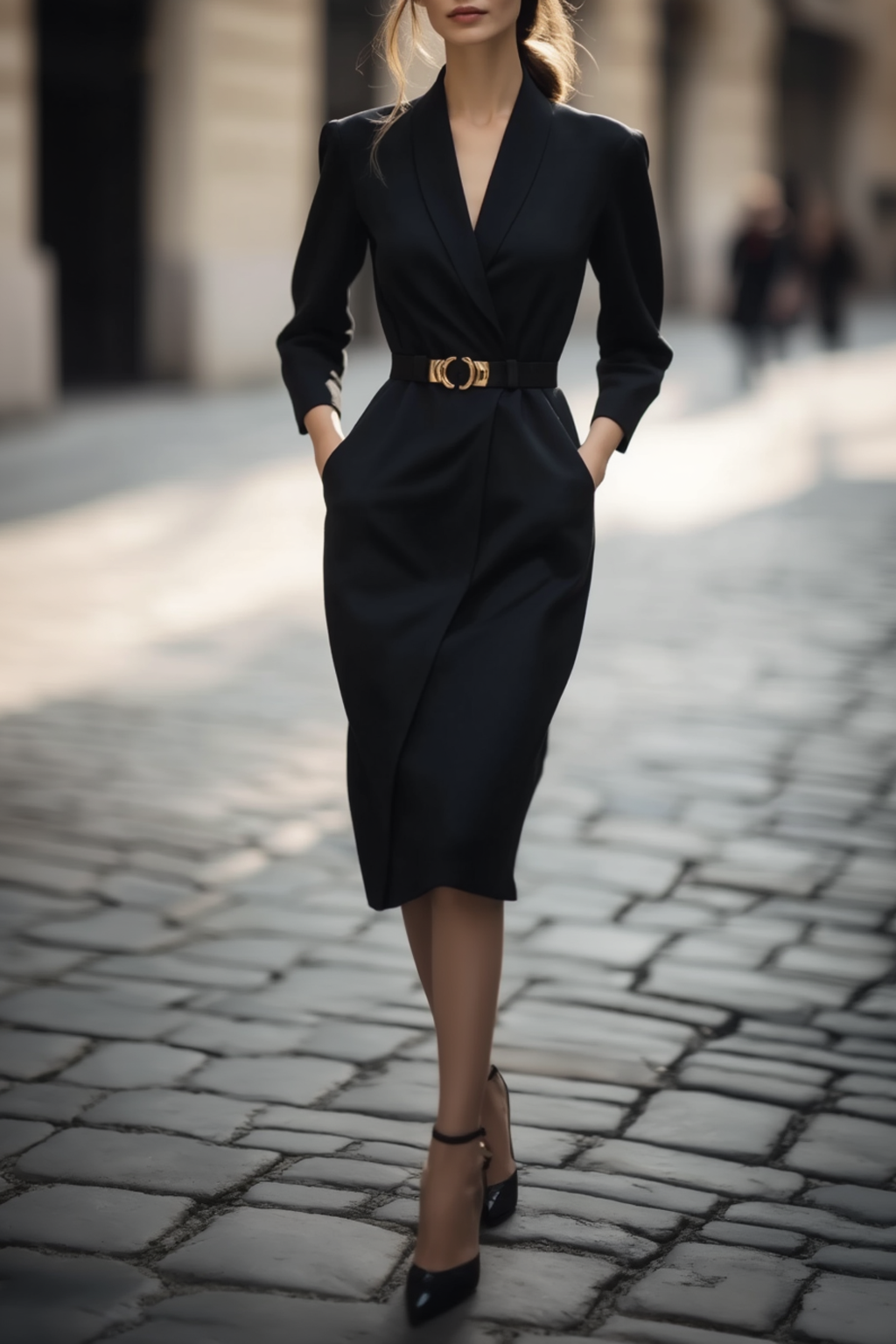 Black Work Blazer Dress Lapel Belted Knee Length with Pockets