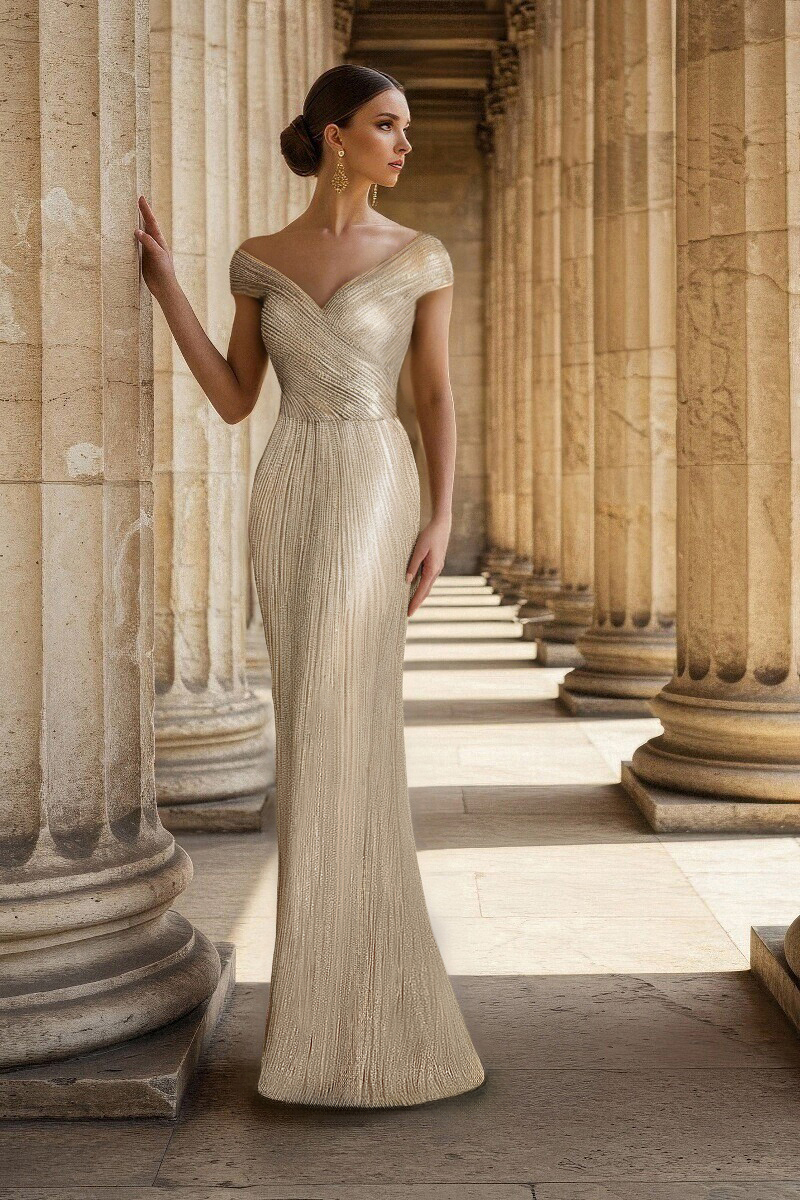 Prom Party Gold Gown V-Neck Off-Shoulder Maxi Dress