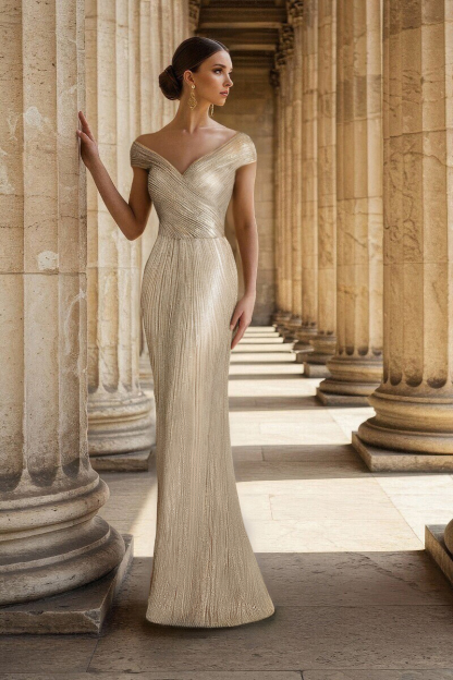 Prom Party Gold Gown V-Neck Off-Shoulder Maxi Dress