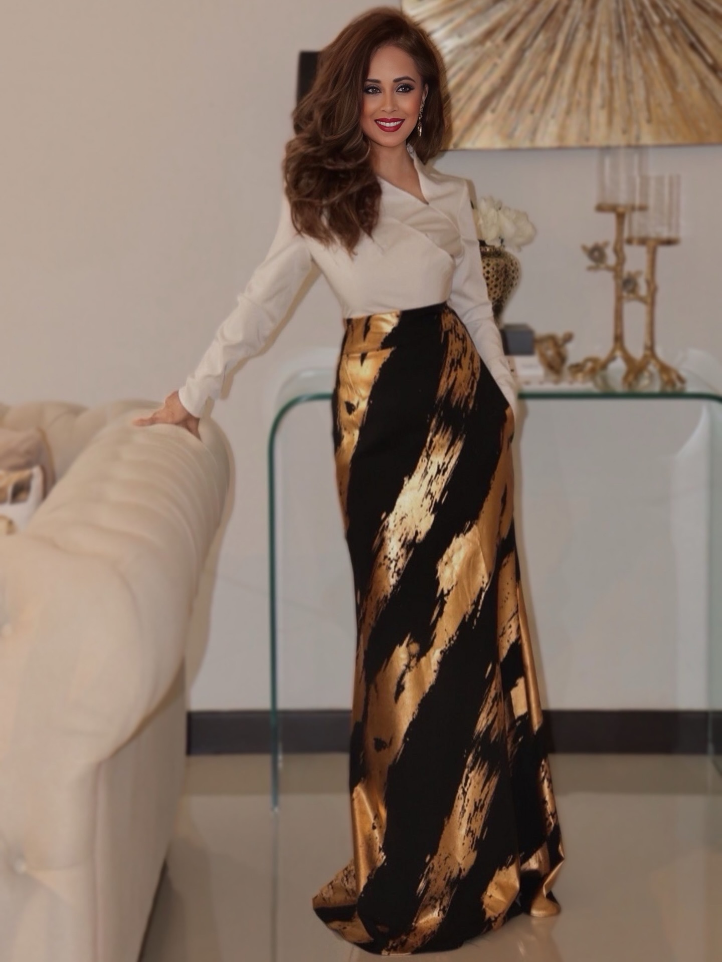 Evening Contrast Dress Slanted Collar and Long Sleeves Black Gold Maxi Dress