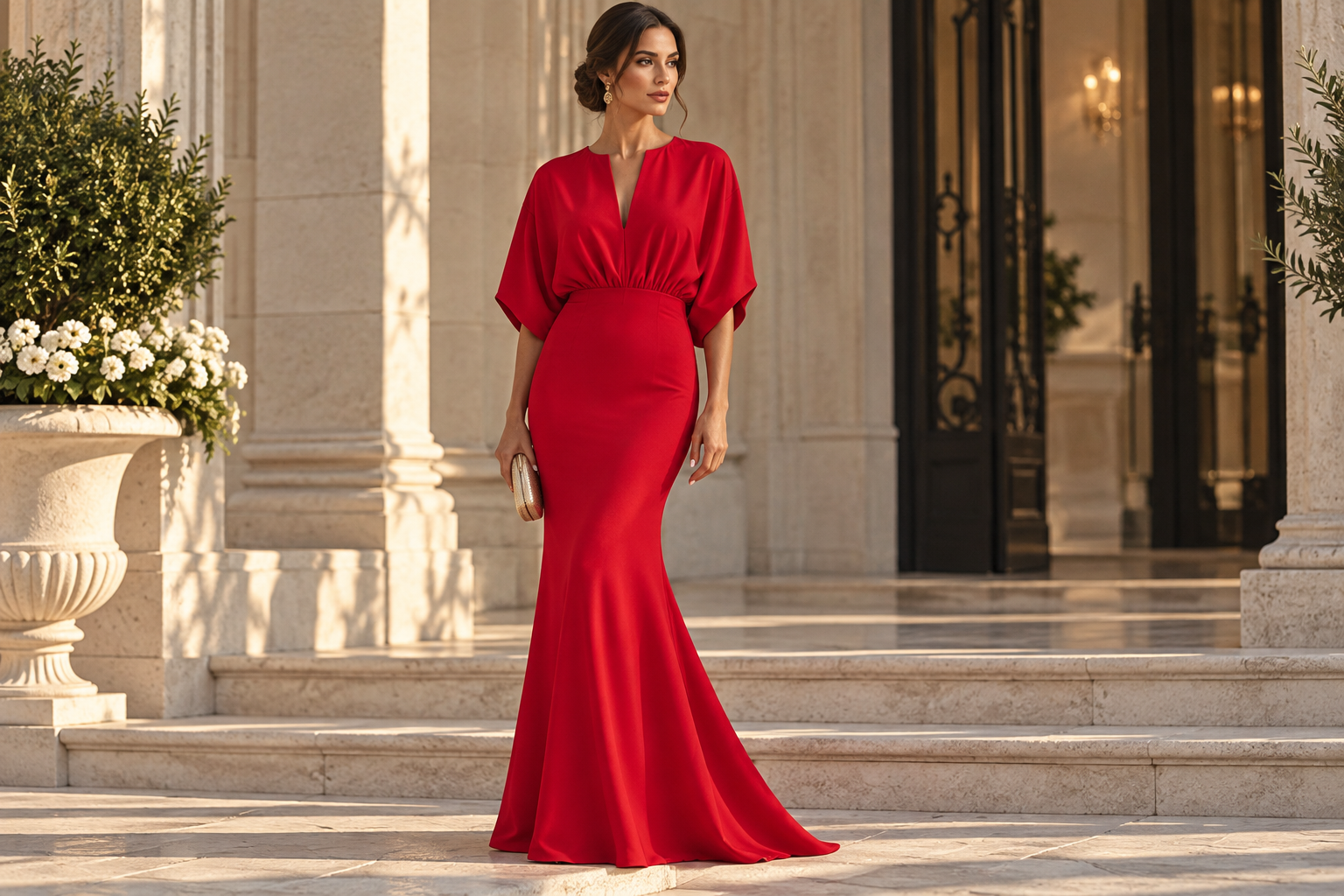 Red batwing formal dress with V-neck and maxi silhouette
