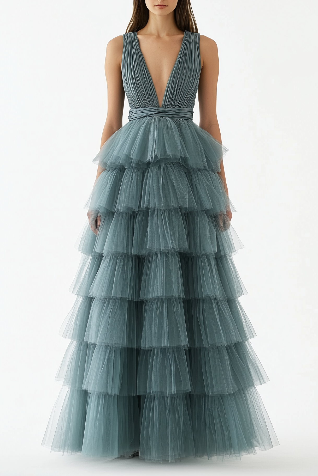 Prom Dress Green Sleeveless Deep V Tiered Layer Dress Floor-Length Gown