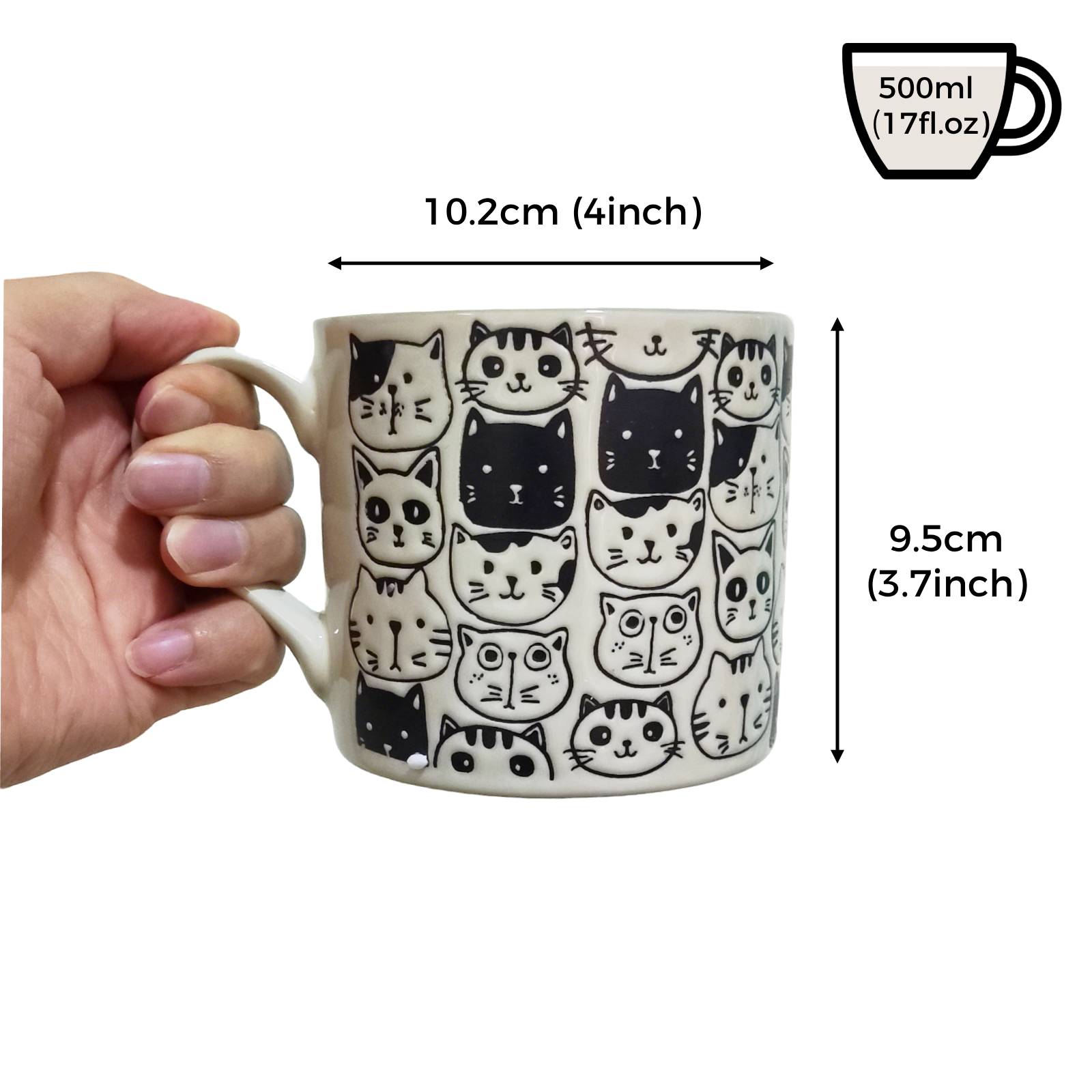 white cat print doodle print mug blue inside