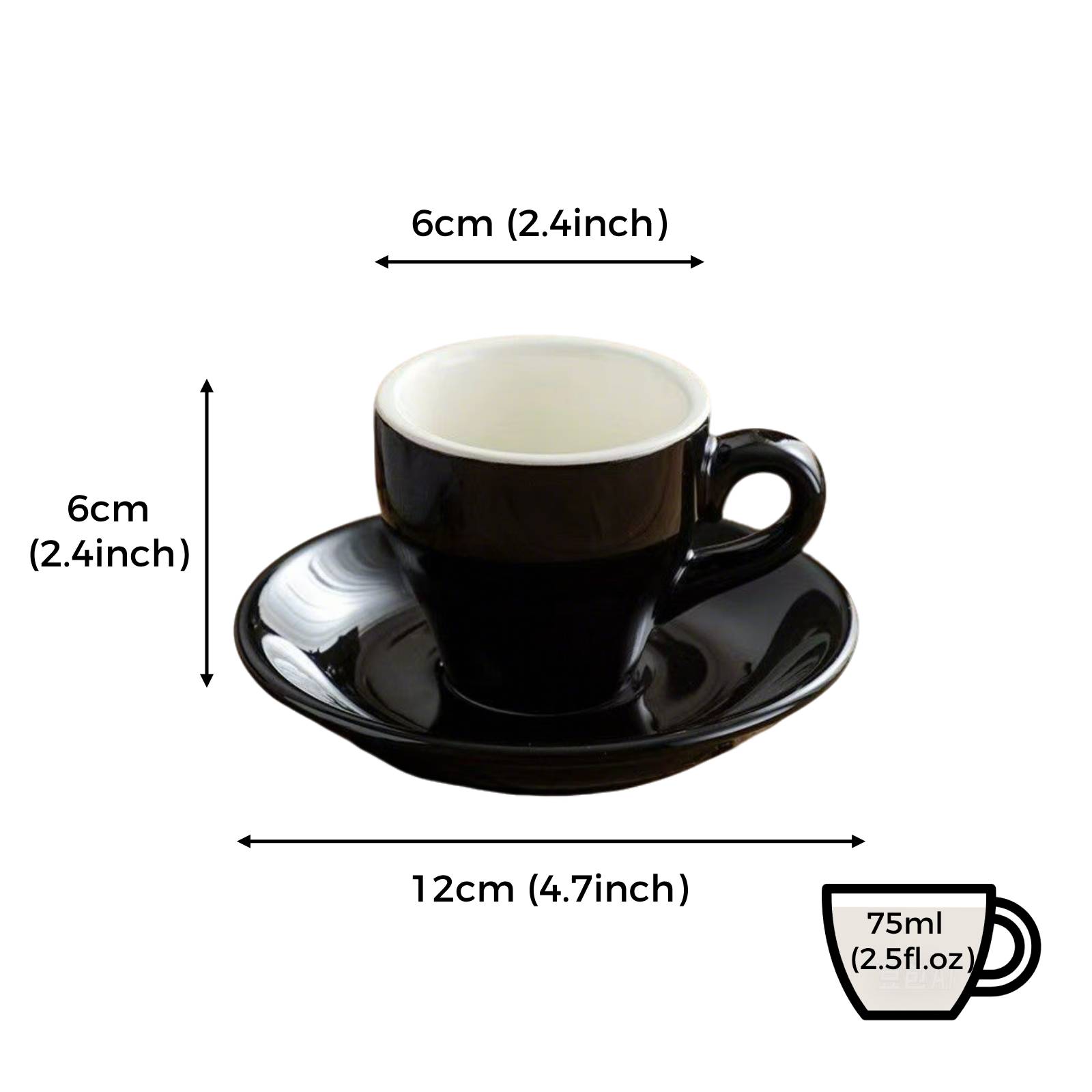 2.5 oz ceramic espresso cup size diagram shown with black cup and saucer