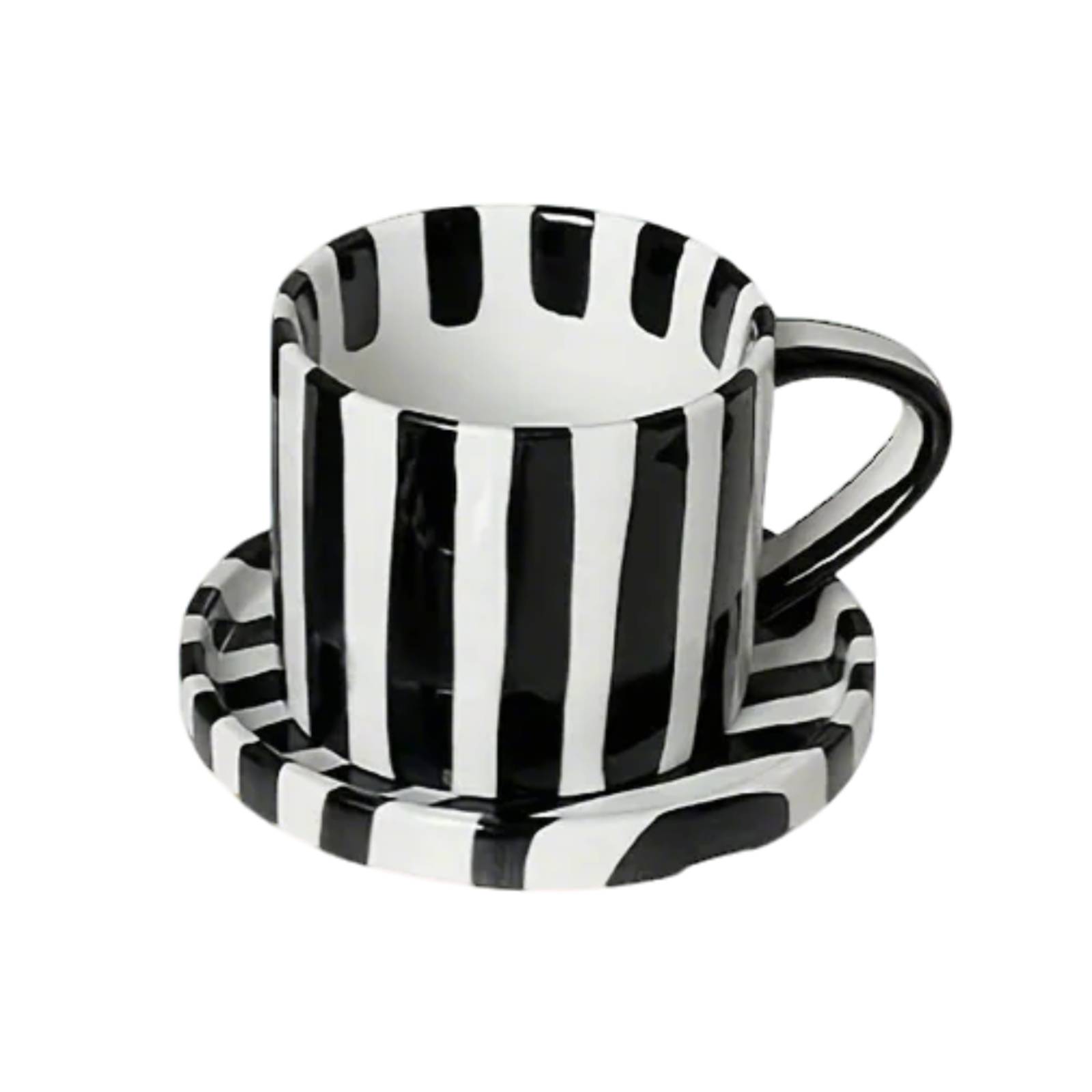 striped black and white ceramic coffee mug front view