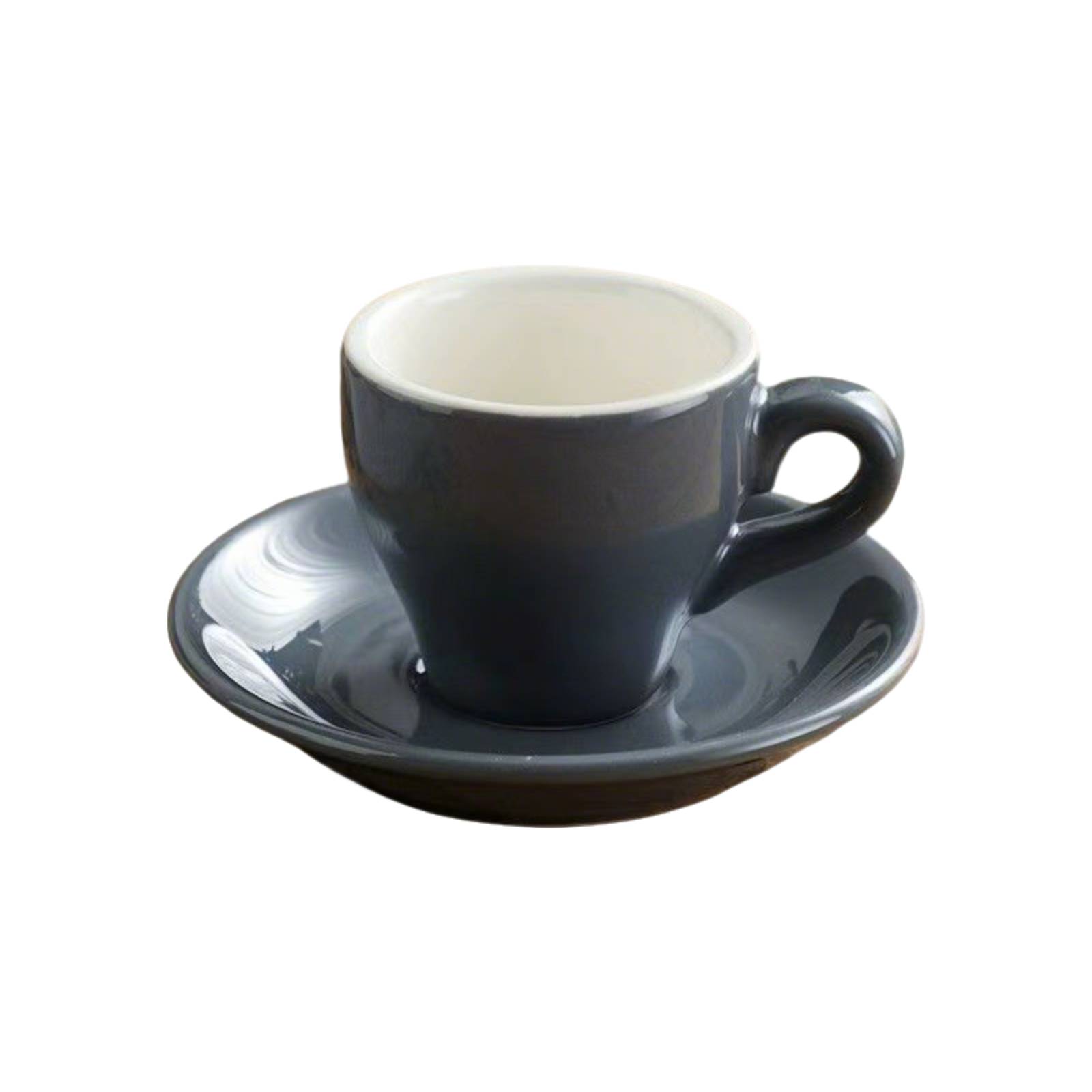 Gray ceramic 2.5 oz espresso cup and saucer cutout image