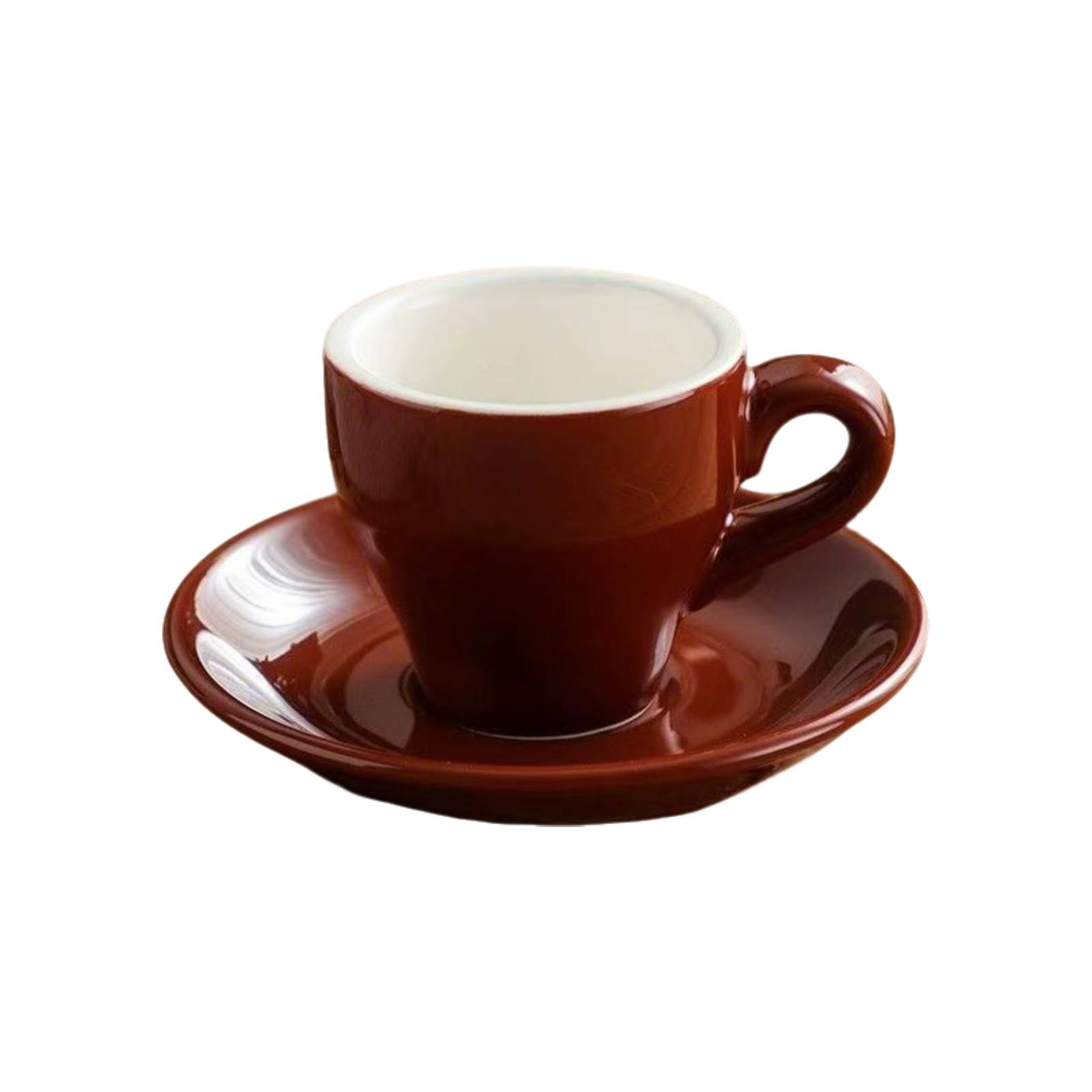 Brown ceramic 2.5 oz espresso cup and saucer cutout image