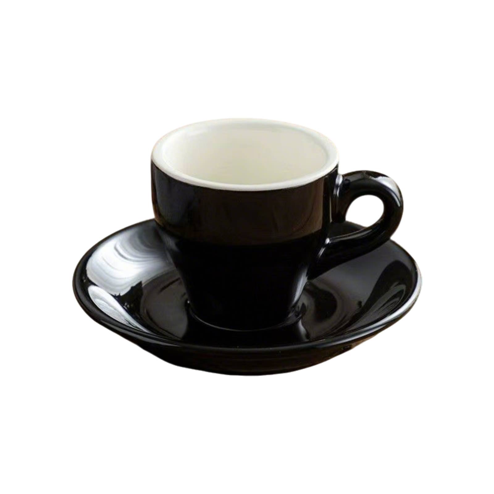 Black ceramic 2.5 oz espresso cup and saucer cutout side view