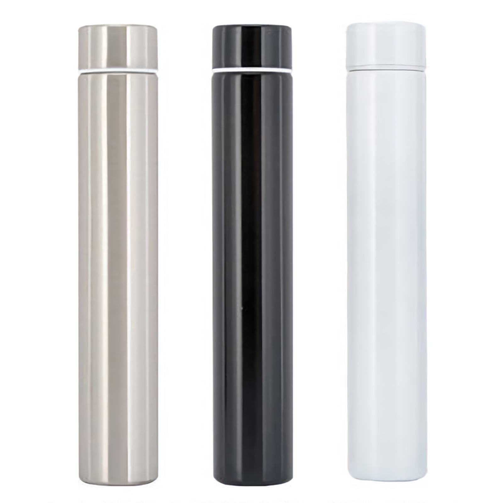 ultra slim stainless steel water bottle in black white and silver