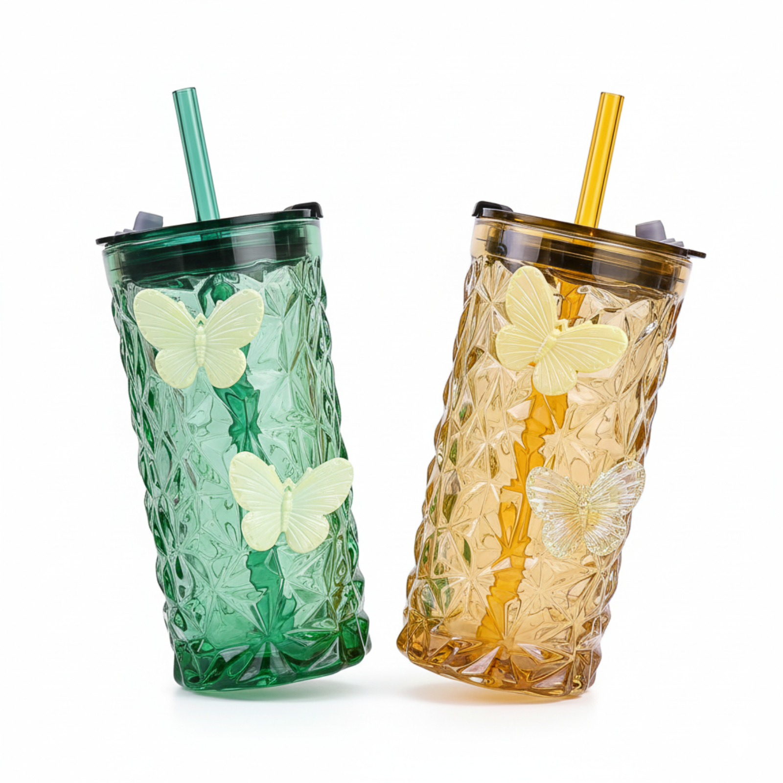 2 Pcs Glass Cups with Lids and Straws, 10oz Glass Tumblers, Butterfly Cups, Green Drinking Glasses, Amber Glassware