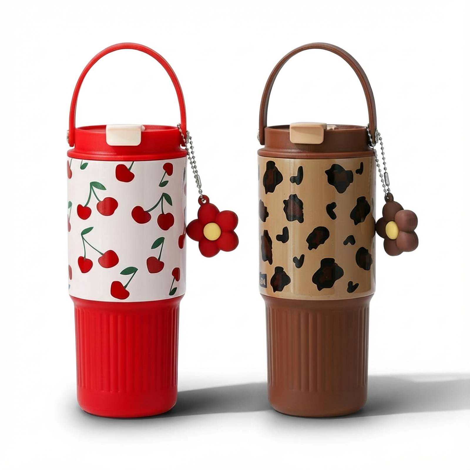 20 oz Insulated Tumblers with Lid and Straw, Stainless Steel Large Travel Coffee Mugs for Women, Cherry Cup, Leopard Tumbler, On The Go Coffee Cups, Dishwasher Safe