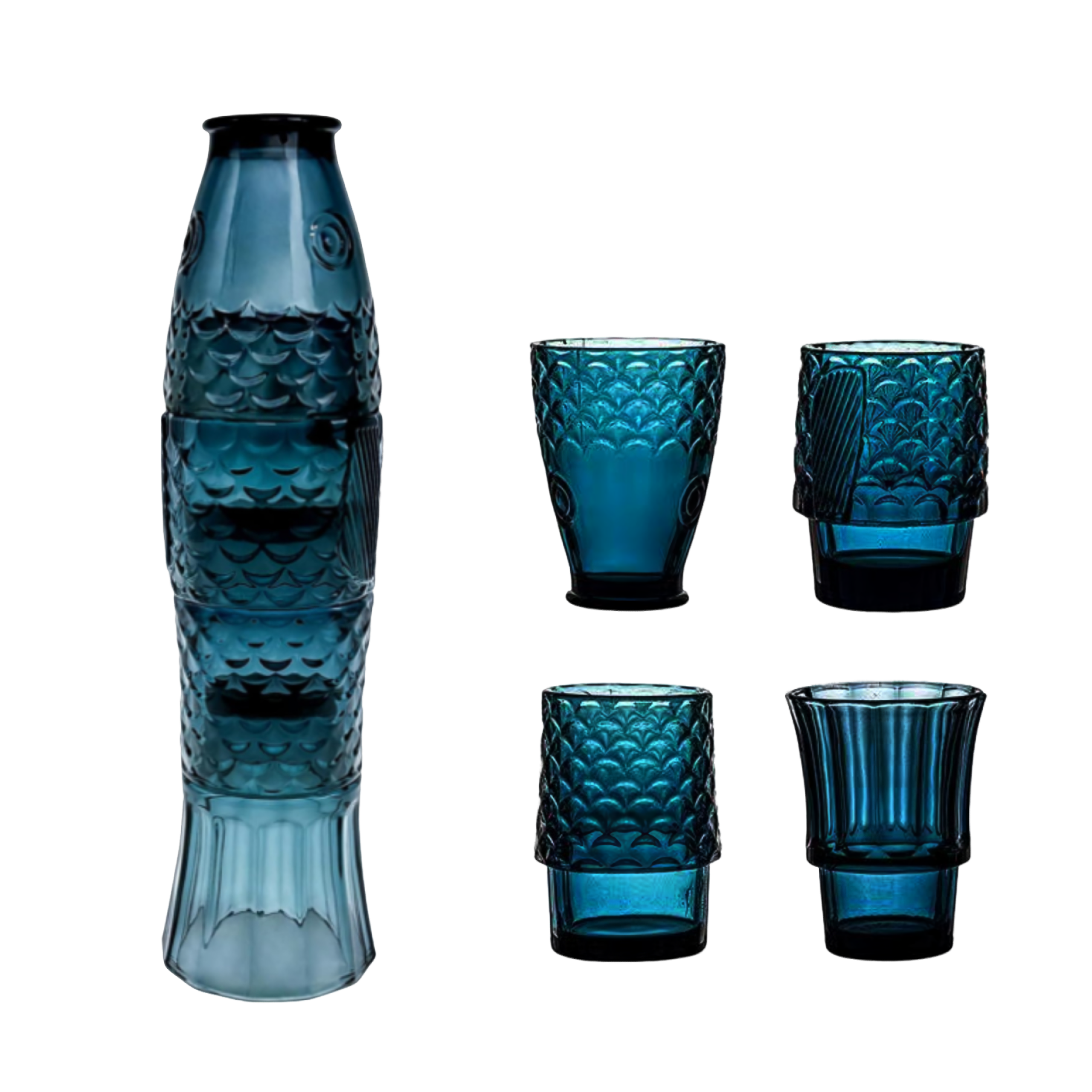 Stackable Koi Fish Glass Cups Set of 4, Blue
